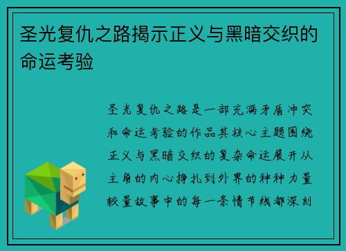 圣光复仇之路揭示正义与黑暗交织的命运考验